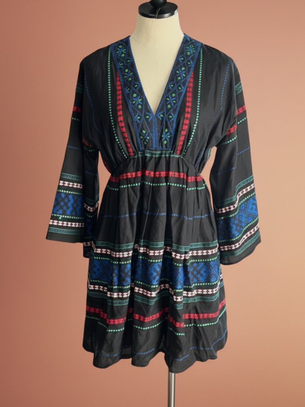 Joie Boho Embroidered Cotton Mini Dress Small Black VNeck Blue Shada Bell Sleeve